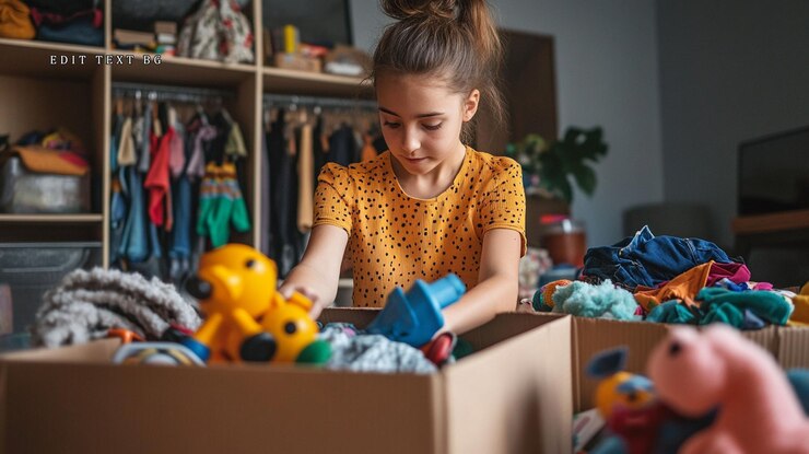 PSD menina organizando roupas e brinquedos em caixas de papelão para doação ou armazenamento