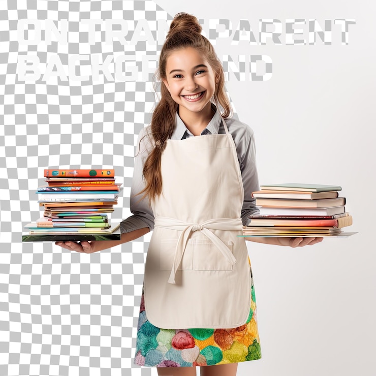 PSD menina positiva em avental equilibrando uma pilha de livros para colorir e olhando para cima de pé em um transpa