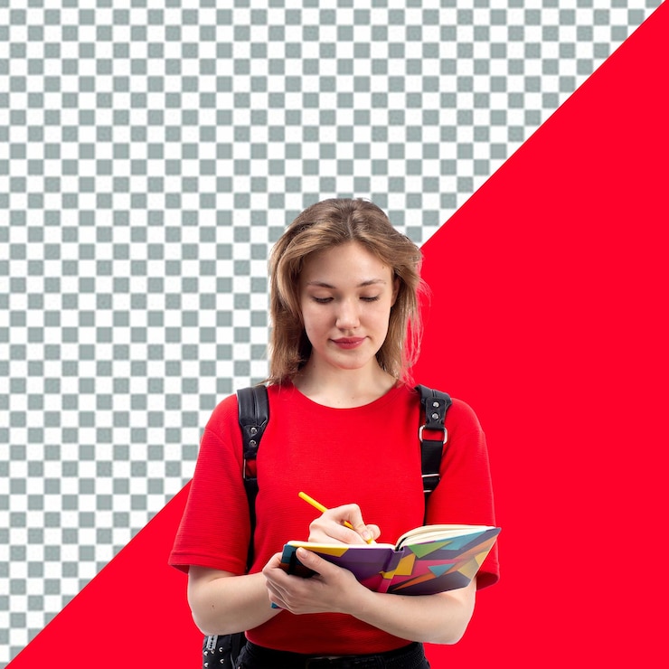 PSD menina psd com uma mochila lendo um livro com um fundo transparente vermelho