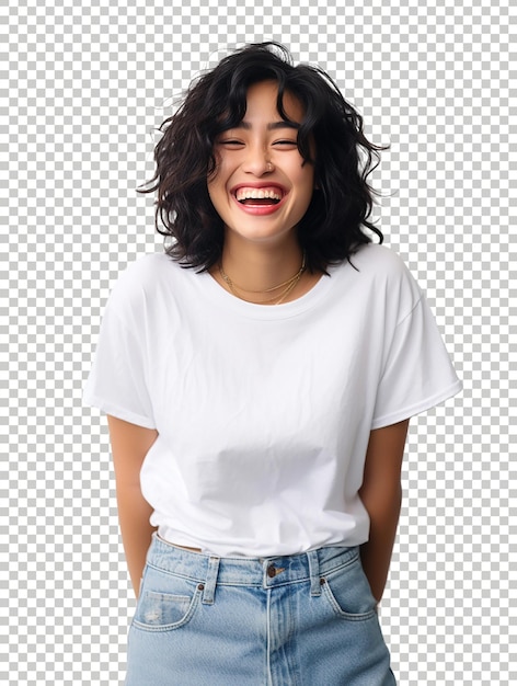 PSD menina rindo positiva sorrindo para a câmera vestindo uma camiseta branca no fundo transparente