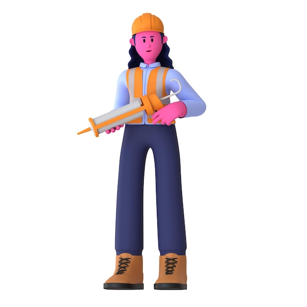 Menina segura uma arma de caulking Trabalhador da Construção 3D
