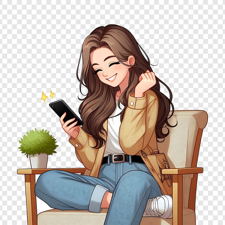 PSD menina sentada em uma cadeira enquanto usa telefone e sorrindo