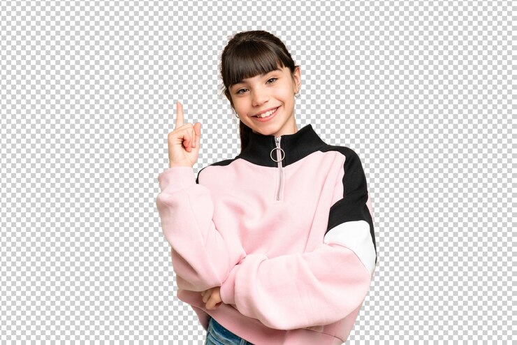 PSD menina sobre isolado verde chroma chave fundo feliz e apontando para cima