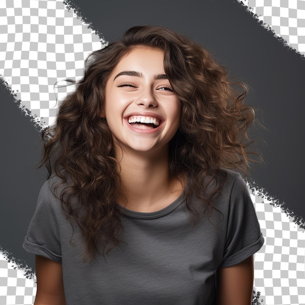 Menina sorridente, adorável e jovem, olhando para a câmera e rindo alegremente em um fundo transparente