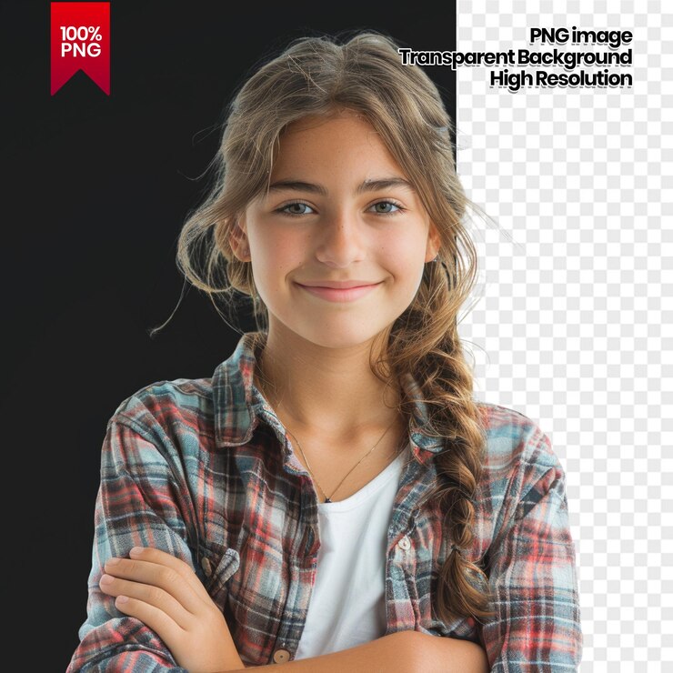 PSD menina sorridente com cabelos castanhos longos vestindo uma camisa a quadros braços cruzados fundo removido