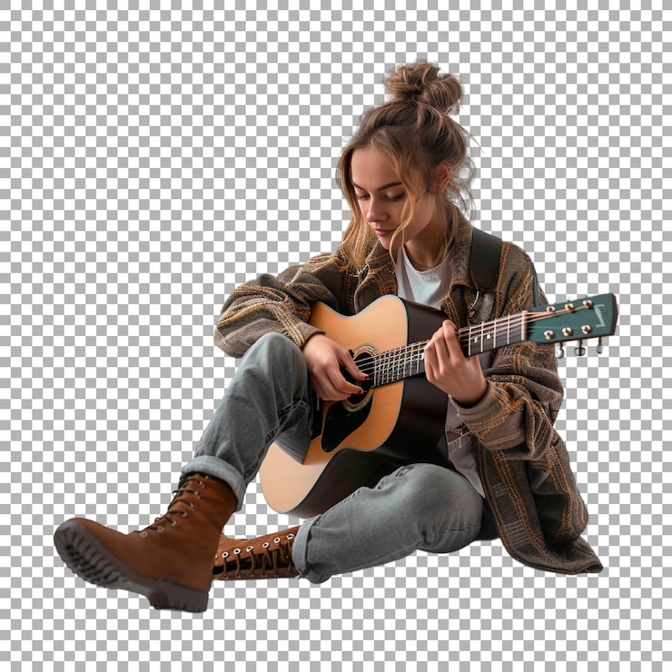 PSD menina tocando guitarra em fundo transparente gerado por ai