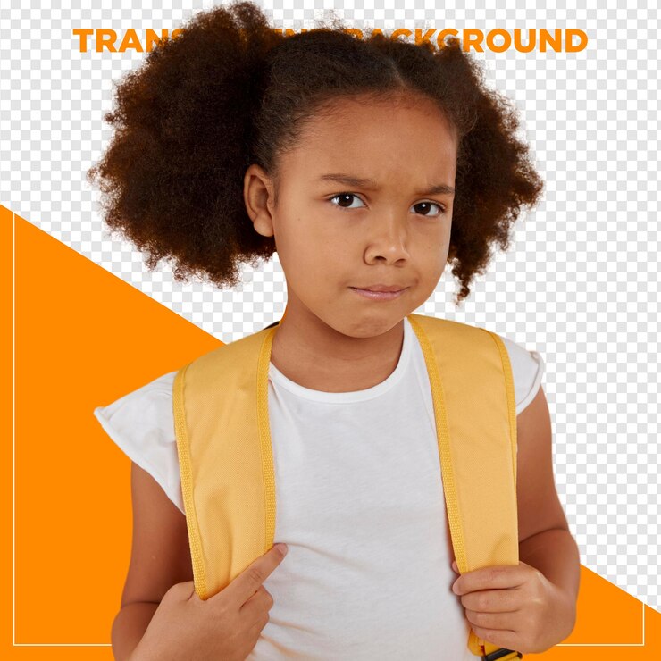 PSD menina triste com mochila de escola com fundo transparente
