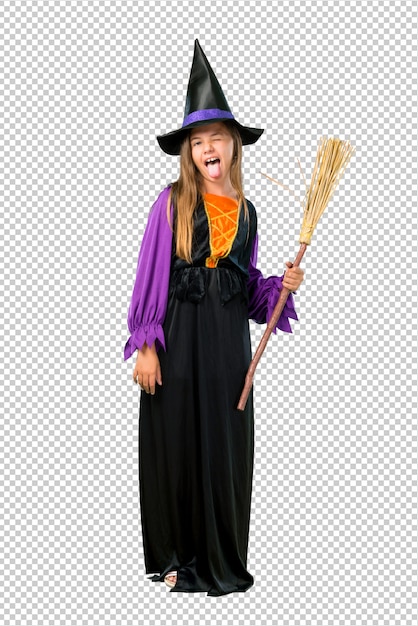 PSD menina vestida como uma bruxa para as férias de halloween mostrando a língua para a câmera, olhando engraçado