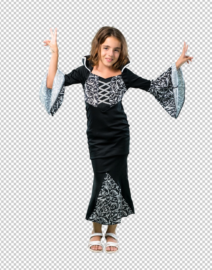 PSD menininha, vestido, como, um, vampiro, para, dia das bruxas, feriados, sorrindo, e, mostrando, sinal vitória