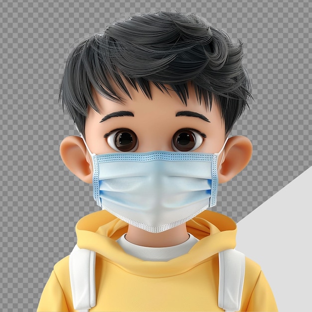 PSD menino 3d usa máscara de rosto isolado em fundo transparente
