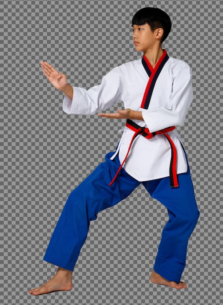 Menino adolescente de karatê praticando soco na faixa preta uniforme de taekwondo comprimento total isolado