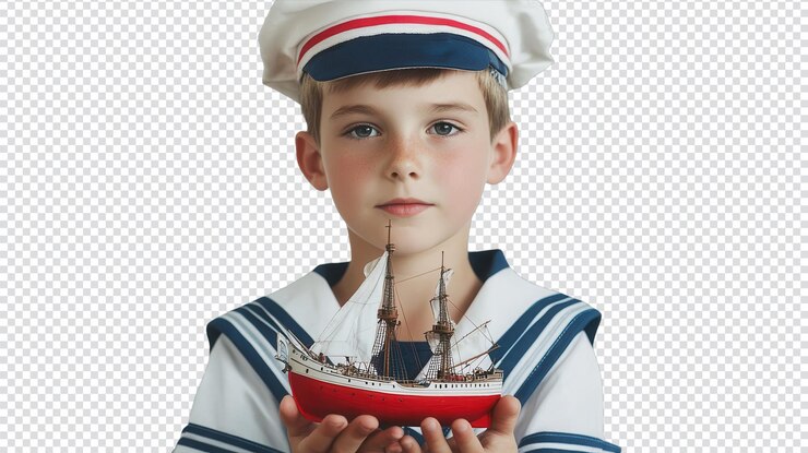 PSD menino adorável em uniforme de marinheiro brincando com um navio de brinquedo perfeito para temas infantis