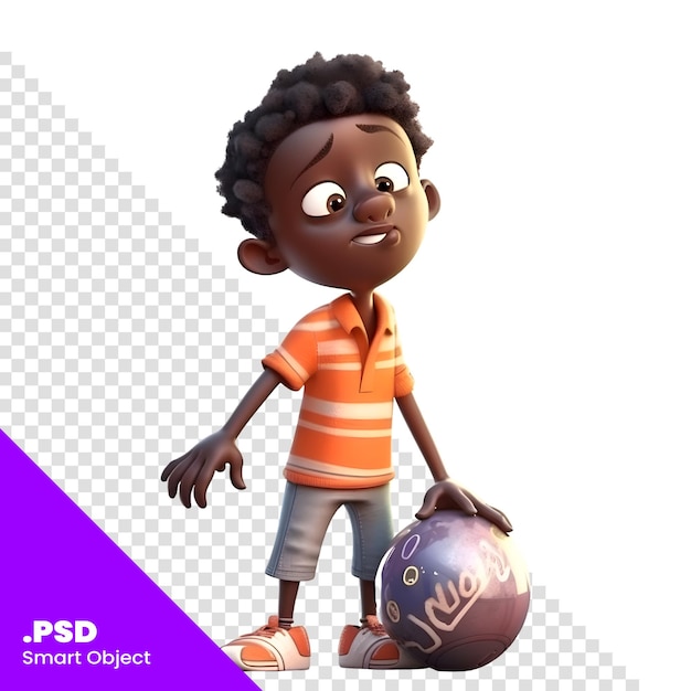 PSD menino afro-americano bonito com uma bola em um padrão psd de fundo branco