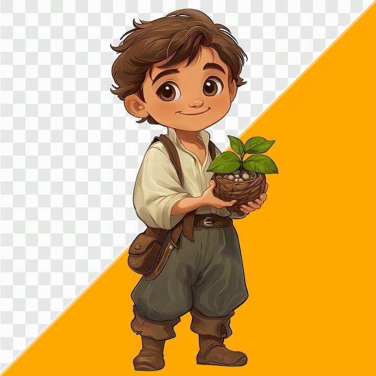 PSD menino bonito com uma planta