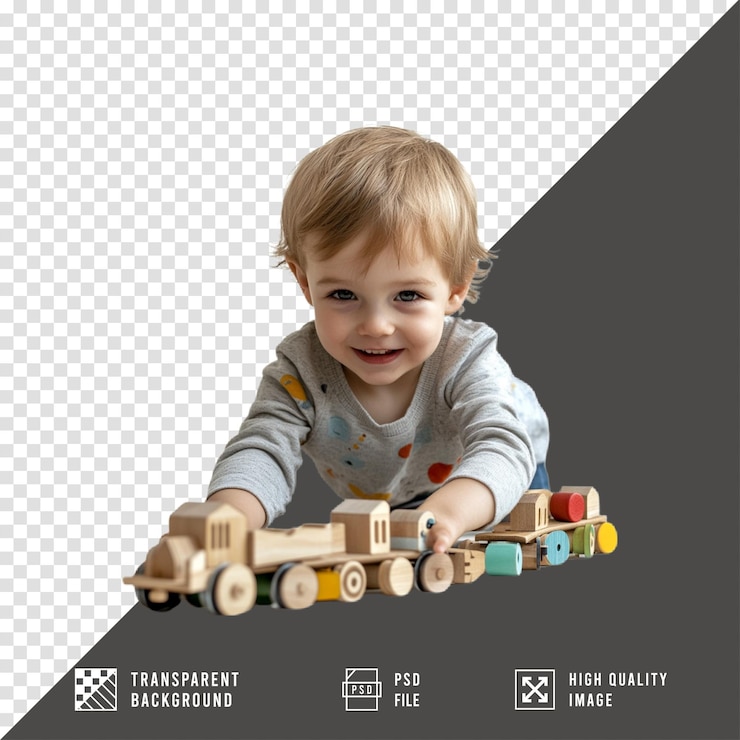 PSD menino brincando com um trem de madeira em fundo transparente
