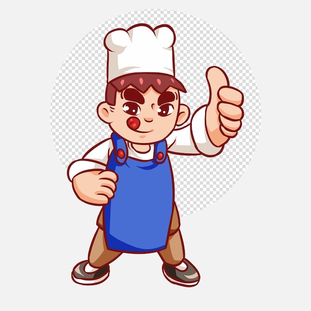 PSD menino chef bonito em personagem uniforme sorrindo e mostrando polegares para cima ilustração de arte de desenho animado do logotipo do restaurante