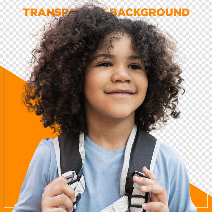 PSD menino com cabelo encaracolado e mochila com fundo transparente