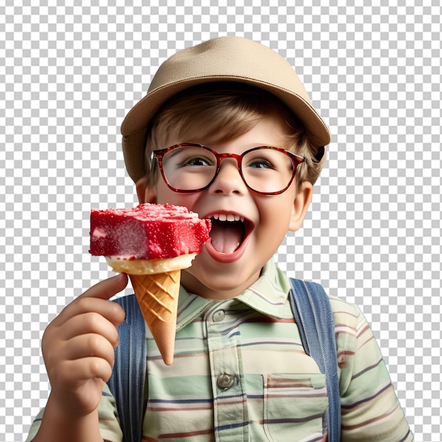 PSD menino com óculos de sol de praia de sorvete