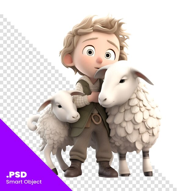 PSD menino com ovelha em fundo branco isolado modelo de ilustração 3d psd