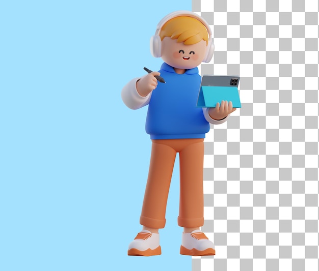 PSD menino com seu personagem 3d de tablet