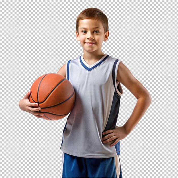PSD menino de basquete vestindo uma camisola esportiva segurando uma bola de basquetebol em fundo transparente