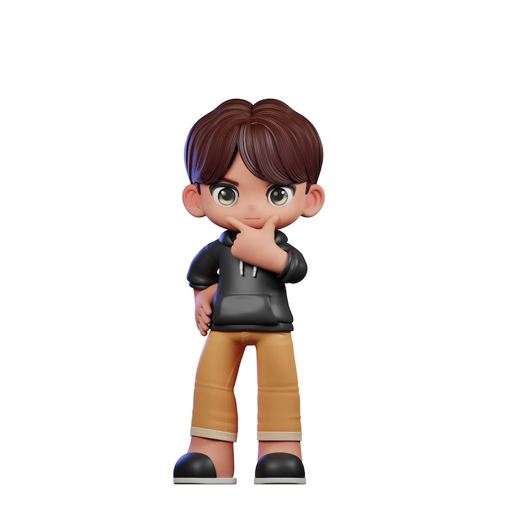 PSD menino de desenho animado em 3d com cabelo castanho e casaco preto pose curiosa