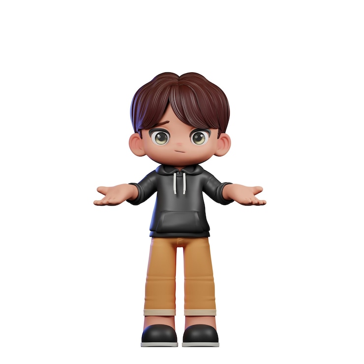 PSD menino de desenho animado em 3d com cabelo castanho e casaco preto sem ideia de pose