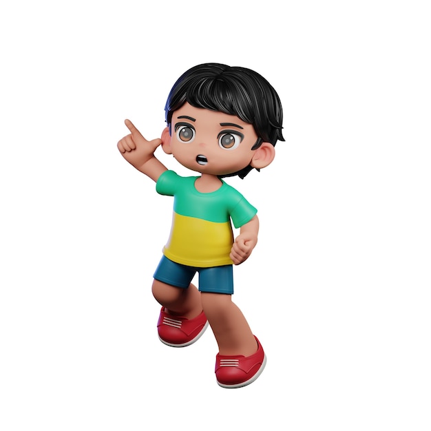 Menino de desenho animado em 3D com cabelo preto e camisa verde fazendo uma pose de salto feliz