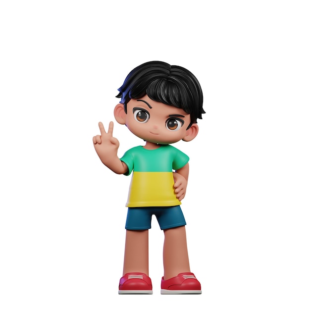 Menino de desenho animado em 3D com cabelo preto e camisa verde mostrando pose de sinal de paz