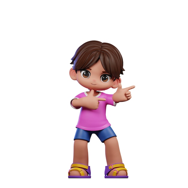 Menino de desenho animado em 3D com camisa rosa apontando para a postura esquerda