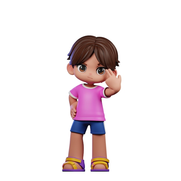 Menino de desenho animado em 3D com camisa rosa apontando para ele Pose
