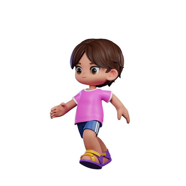 Menino de desenho animado em 3D com camisa rosa em pose de corrida