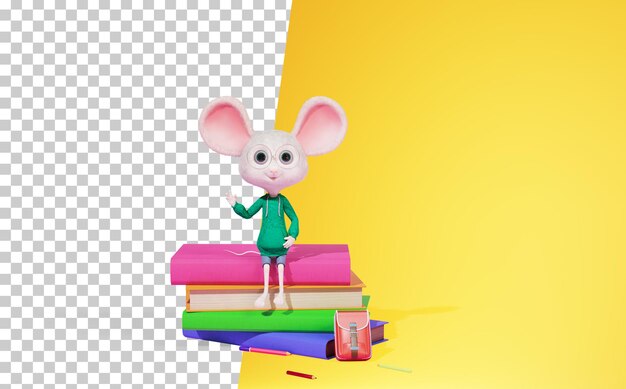 Menino de escola sentado em livros de volta à escola rato de desenho animado kawaii com óculos e suéter renderização 3d