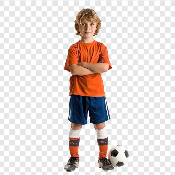 PSD menino em roupas de futebol de pé com a bola sob o braço vista frontal isolada em fundo transparente