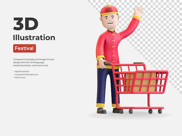Menino empurrando o carrinho da loja comemorando o ano novo chinês. Festival de venda ilustração em 3D