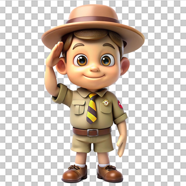 PSD menino escoteiro feliz saudando personagem 3d isolado em fundo transparente