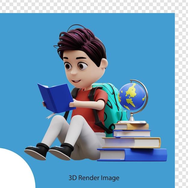 Menino estudante de ilustração 3D lendo um livro