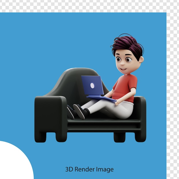 Menino estudante de ilustração 3D usando um laptop