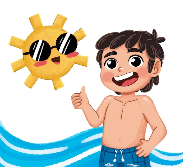 Menino feliz a brincar na praia editável