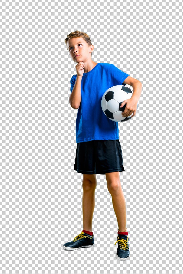 PSD menino, futebol jogando, e, pensando
