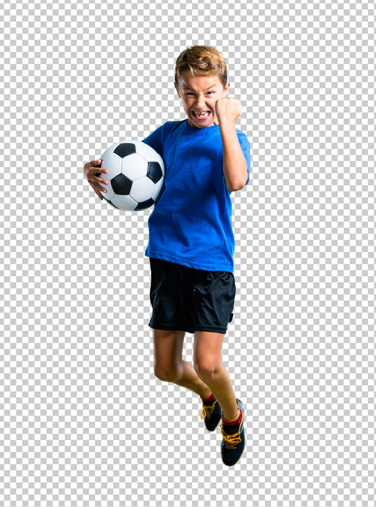 PSD menino, futebol jogando, e, pular