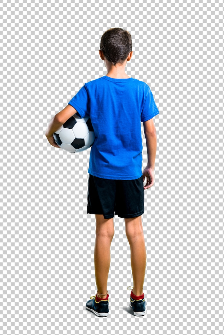PSD menino, futebol jogando, em, costas, posição