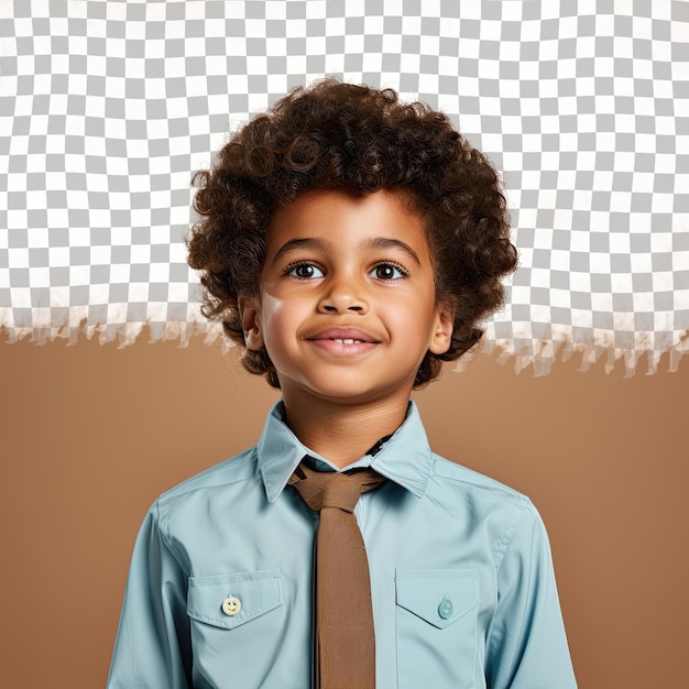 PSD menino geólogo do oeste asiático arrependido olhar cabelo pervertido olhos abaixados sorrindo pano de fundo azul pastel