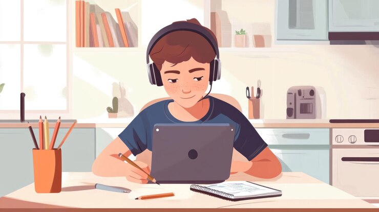 PSD menino na cozinha usando laptop e fones de ouvido para anotações de aula on-line