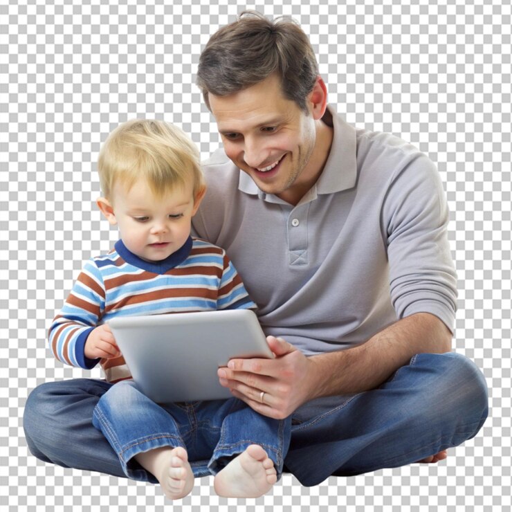 PSD menino observando pai usando tablet digital em fundo transparente