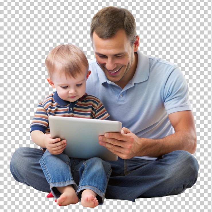 PSD menino observando pai usando tablet digital em fundo transparente