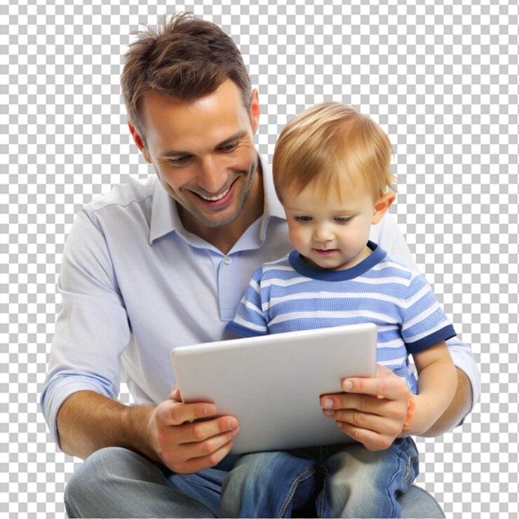 PSD menino observando pai usando tablet digital em fundo transparente