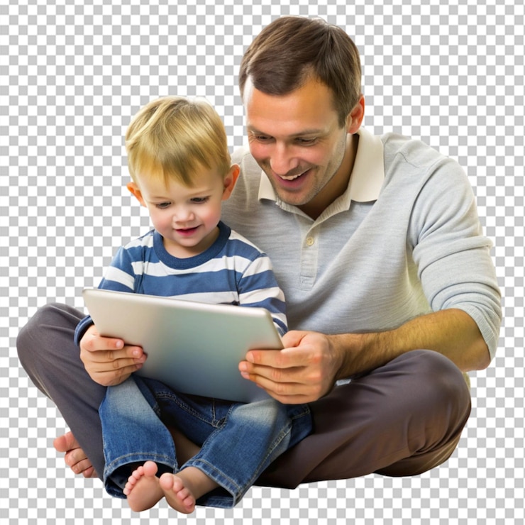 PSD menino observando pai usando tablet digital em fundo transparente