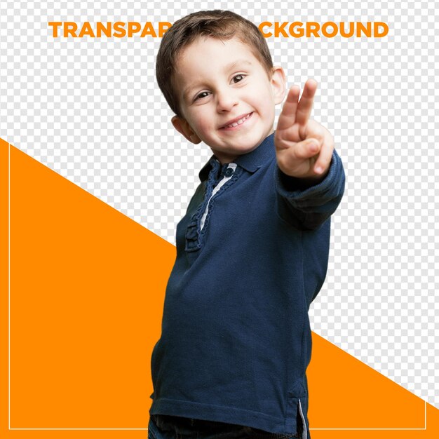 Menino sorridente apontando para a frente com fundo transparente