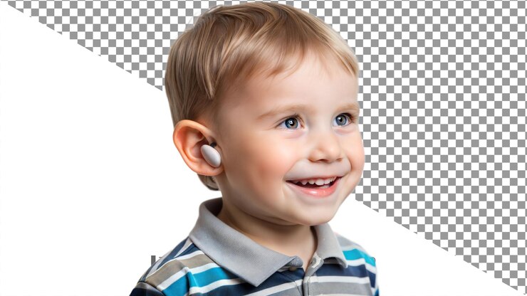 PSD menino sorridente com um aparelho auditivo em um fundo preto criança com tecnologia auditiva assistiva